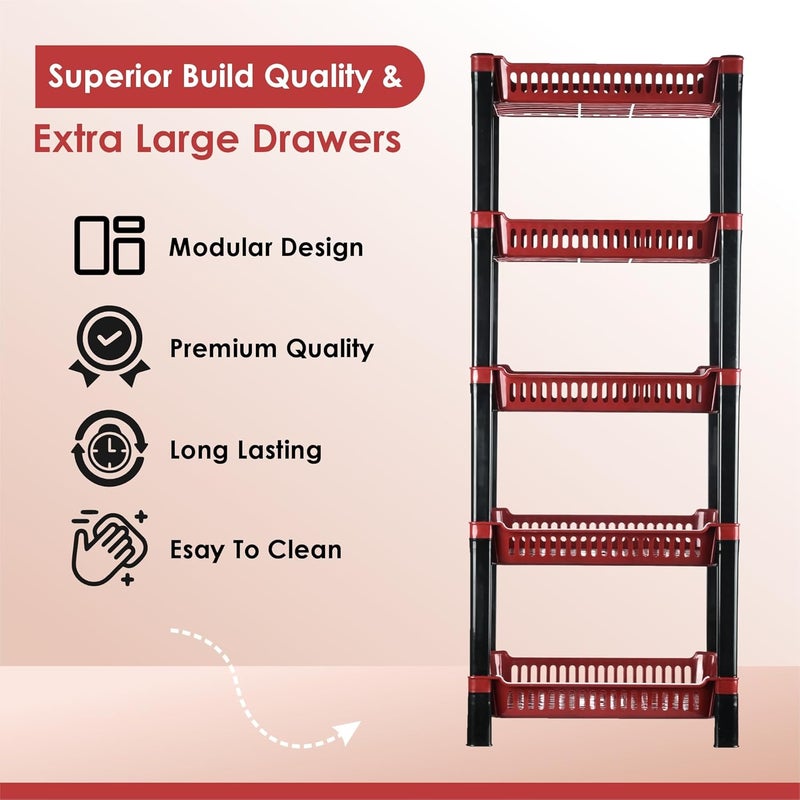 Urbane Home Urbane Home Pack of 5 Multipurpose Racks for Storage 5Tier Kids Toy OrganizerUnder Wash Basin Office Storage Cabinet Shelves Maroon  - Image 4