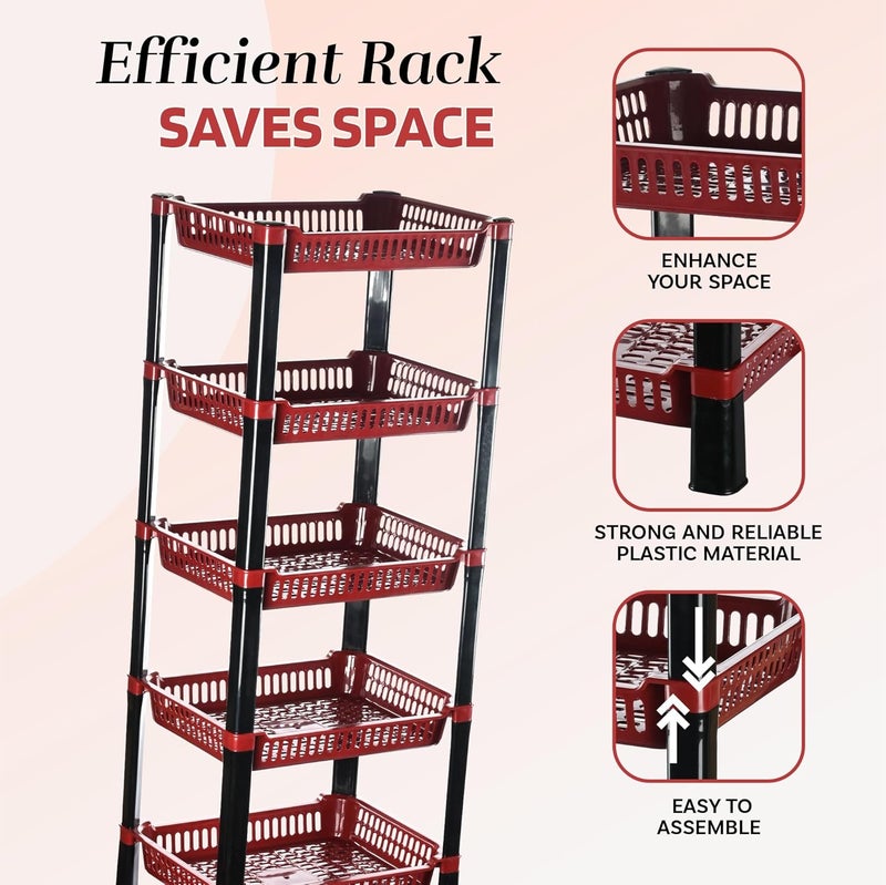 Urbane Home Urbane Home Pack of 5 Multipurpose Racks for Storage 5Tier Kids Toy OrganizerUnder Wash Basin Office Storage Cabinet Shelves Maroon  - Image 5