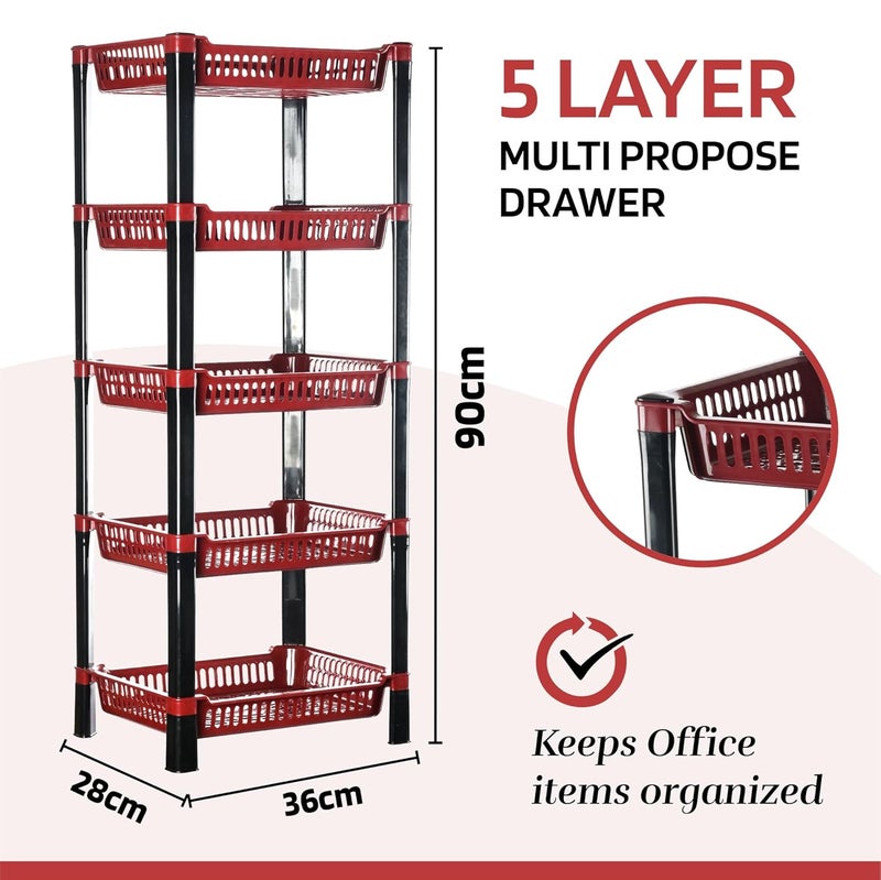 Urbane Home Urbane Home Pack of 5 Multipurpose Racks for Storage 5Tier Kids Toy OrganizerUnder Wash Basin Office Storage Cabinet Shelves Maroon  - Image 2