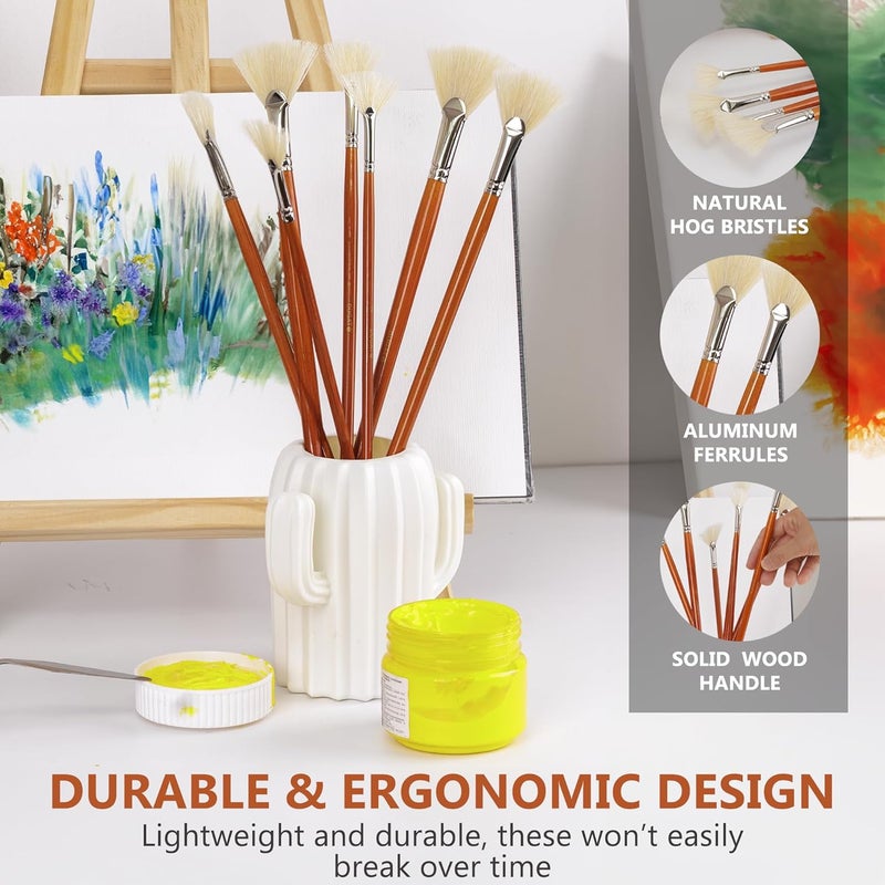 DUGATO Artist Fan Paint Brush Set of 7, White Hog Bristle Natural Hair Anti-Shedding Brush Tips, Long Wooden Handle for Comfortable Holding, Great for Acrylic Oil Painting - Image 5