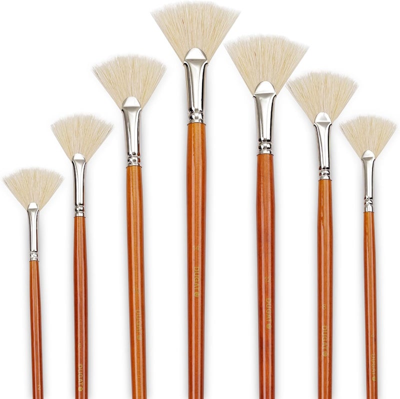 DUGATO Artist Fan Paint Brush Set of 7, White Hog Bristle Natural Hair Anti-Shedding Brush Tips, Long Wooden Handle for Comfortable Holding, Great for Acrylic Oil Painting - Image 1