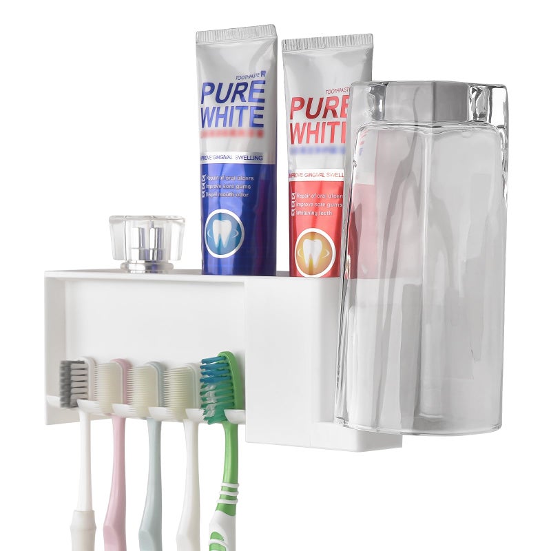 LUEXBOX 5 Slots Wall Mount Toothbrush Holder with Storage Box, Self Adhesive Toothbrush Storage Organizer for Shower, Toothpaste & Toothbrush Hanger for Bathroom, Medicine Cabinet, Dorm (White) - Image 1