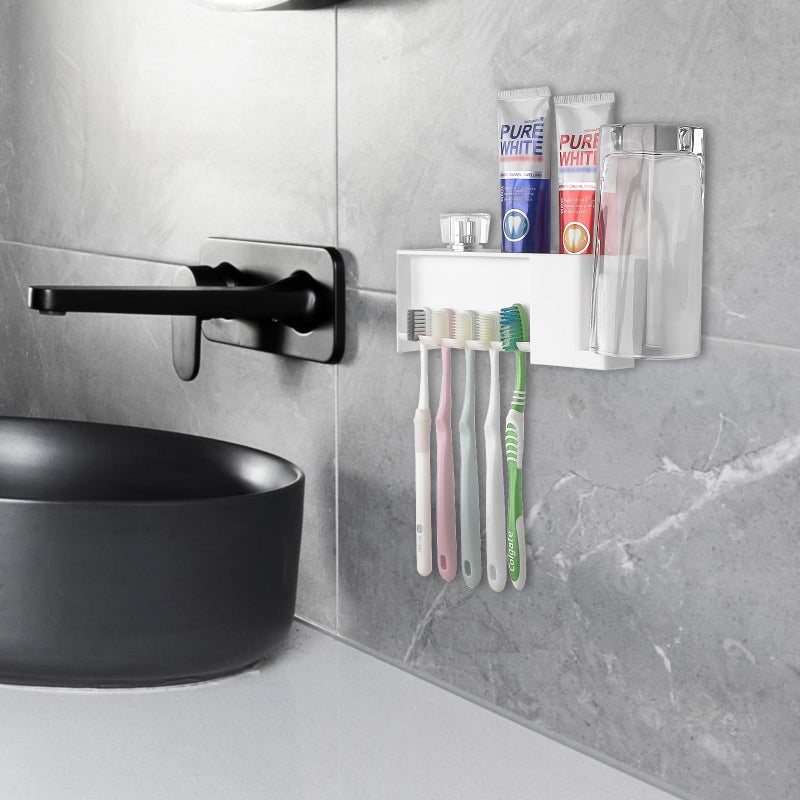 LUEXBOX 5 Slots Wall Mount Toothbrush Holder with Storage Box, Self Adhesive Toothbrush Storage Organizer for Shower, Toothpaste & Toothbrush Hanger for Bathroom, Medicine Cabinet, Dorm (White) - Image 4
