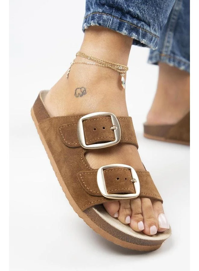 Irene Genuine Leather Double Buckle Tan Slippers - Brown