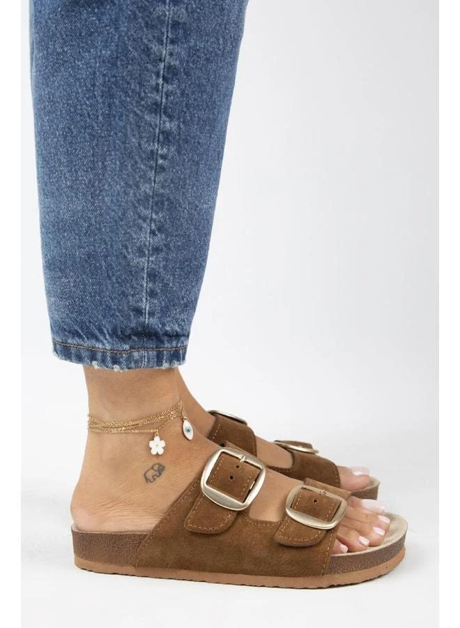 Manijero  Irene Genuine Leather Double Buckle Tan Slippers - Brown for Women | Best Price UAE