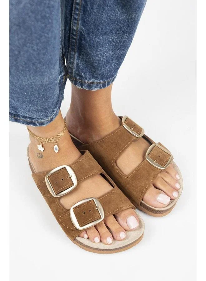 Manijero  Irene Genuine Leather Double Buckle Tan Slippers - Brown for Women | Best Price UAE