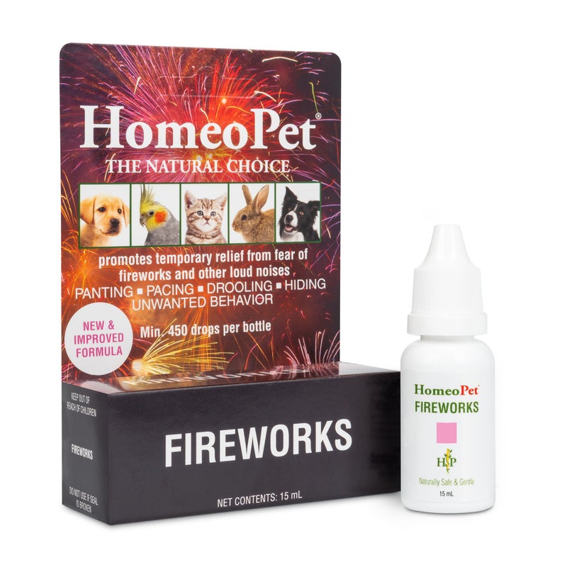 HomeoPet Fireworks, Safe and Natural Loud-Noise-Anxiety Calming Supplement for Cats, Dogs, and Other Small Animals, 15 Milliliters - Image 1