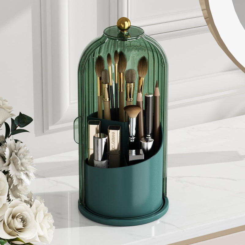 GAXmi Makeup Brush Holder with Lid Cosmetic Tools Organizer 360 Rotating Waterproof Dustproof Beauty Brushes Storage for Vanity, All Green - Image 1