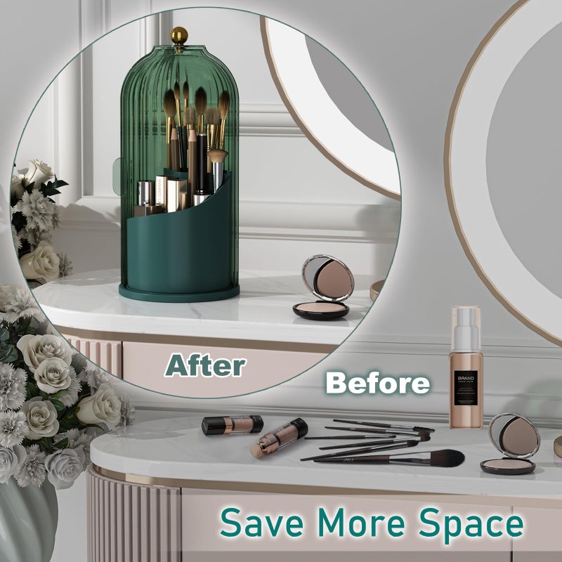 GAXmi Makeup Brush Holder with Lid Cosmetic Tools Organizer 360 Rotating Waterproof Dustproof Beauty Brushes Storage for Vanity, All Green - Image 4