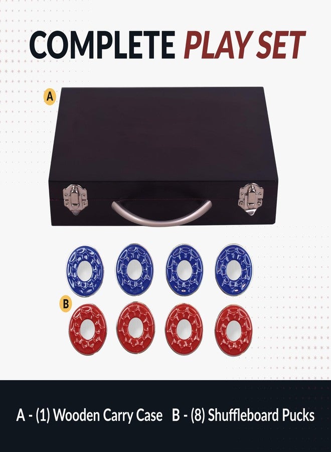 Hathaway Shuffleboard Pucks Set of 8 – Regulation Sized Shuffleboard Discs with Dimpled Top for Easy Grip & Beveled Edge for Better Control, & Sturdy Dark Cherry Wooden Case – Shuffleboard Accessories - Image 3