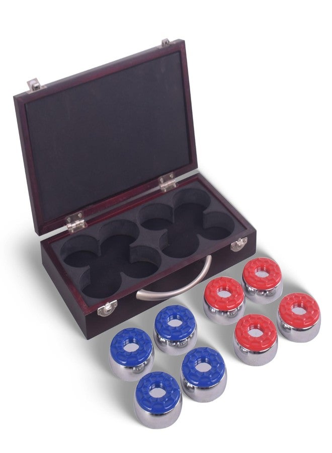 Hathaway Shuffleboard Pucks Set of 8 – Regulation Sized Shuffleboard Discs with Dimpled Top for Easy Grip & Beveled Edge for Better Control, & Sturdy Dark Cherry Wooden Case – Shuffleboard Accessories - Image 1