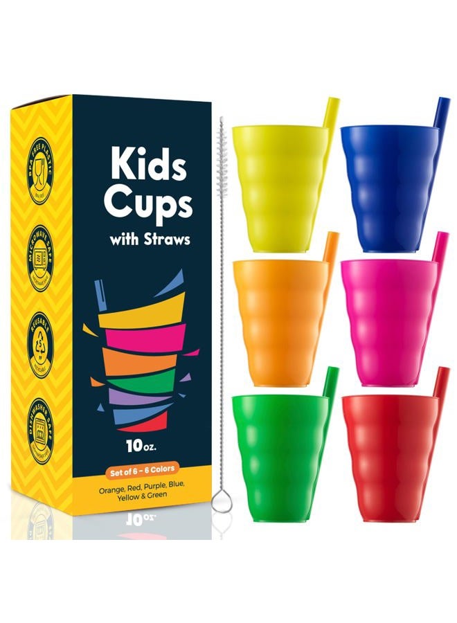JoyServe Kids Straw Cups - (Set of 6) 10oz Cups for Kids w/Built In Straws for Everyday Use, Stackable BPA-Free Plastic Sip-A-Cup Drink Tumblers for Water, Juice, Milk, Dishwasher Safe, Neon Colors - Image 1