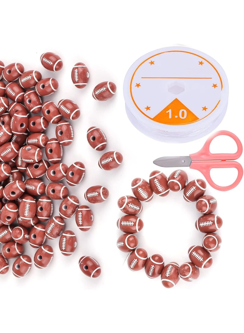 SOLARAE 100pcs American Football Beads, 18mm Sport Goods Theme Rugby Acrylic Beads, DIY Bracelet Necklace Jewelry Keychains Making, with Crystal Elastic Rope and Scissors - Image 1