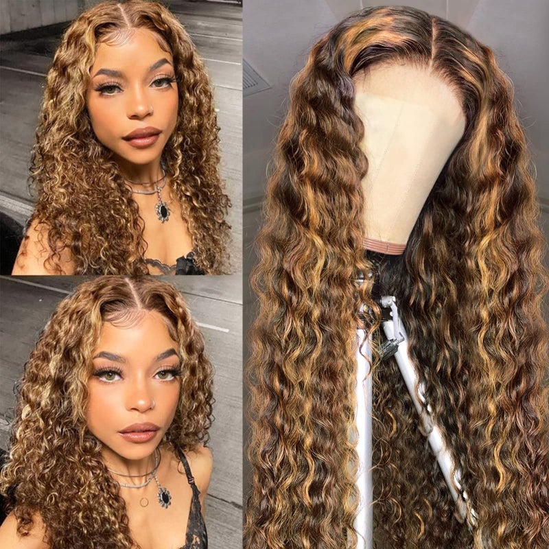 AISI Highlight Wigs 4x4 Lace Closure Human Hair Wigs 427 Ombre Brown Honey Blonde 180 Density Transparent Glueless Deep Wave Lace Front Wigs Human Hair Pre Plucked for Black Women 26inchhighlight wig