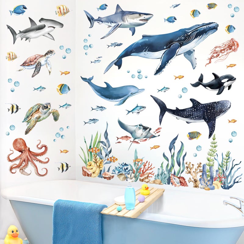 decalmile Under The Sea Fish Wall Decals Ocean Animal Sea Turtle Seaweed Whale Wall Stickers Bathroom Baby Nursery Bedroom Living Room Wall Decor - Image 2