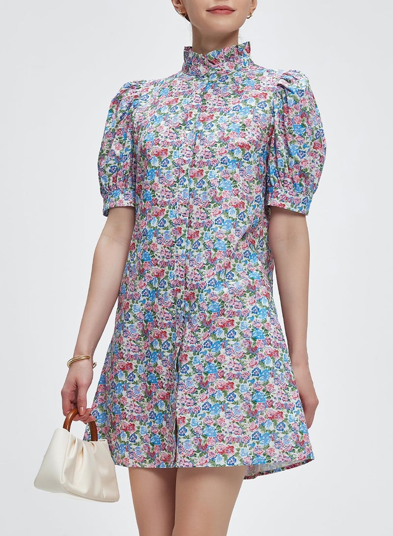 Ladyful Women's Summer Floral Dress Short Sleeve Button Down Shirt Mini Dress Ruffle Mock Neck Shift Sundress Light Purple - Image 2