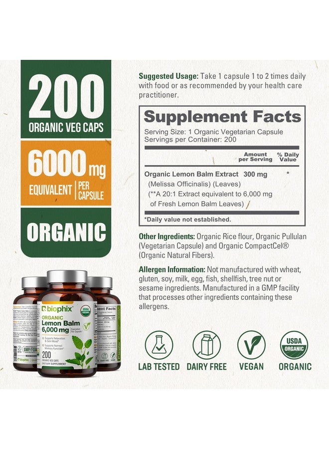 biophix Lemon Balm Capsules USDA Organic 20:1 Extract 300 mg 200 Veggie Caps - Cognitive Health Stress Sleep Mood Support Natural Herbal Supplement - Image 4