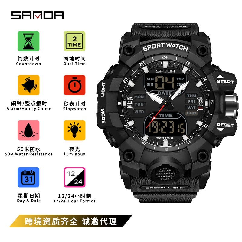 Sanda'S Best-Selling Green Light Electronic Men'S Watch Countdown Alarm Clock Multi-Functional Korean Version Waterproof Transparent Personalized Watch - Image 1