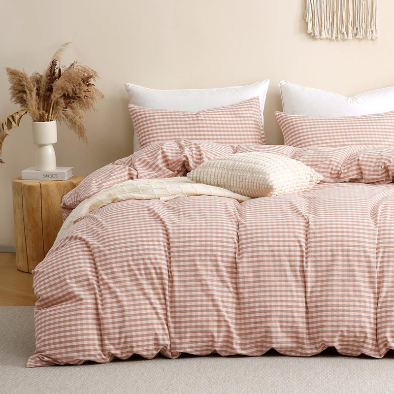 TOCOMOA Pink Tan Gingham Duvet Cover Bedding Set 100% Washed Cotton Like Linen Feel Super Soft Comfy 3 Piece Vintage Plaid Checkered Fall Comforter Cover Set (Queen 90"x90", Comforter Not Included) - Image 1