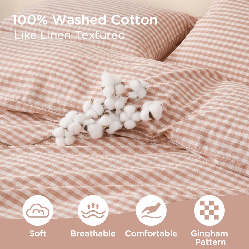 TOCOMOA Pink Tan Gingham Duvet Cover Bedding Set 100% Washed Cotton Like Linen Feel Super Soft Comfy 3 Piece Vintage Plaid Checkered Fall Comforter Cover Set (Queen 90"x90", Comforter Not Included) - Image 5