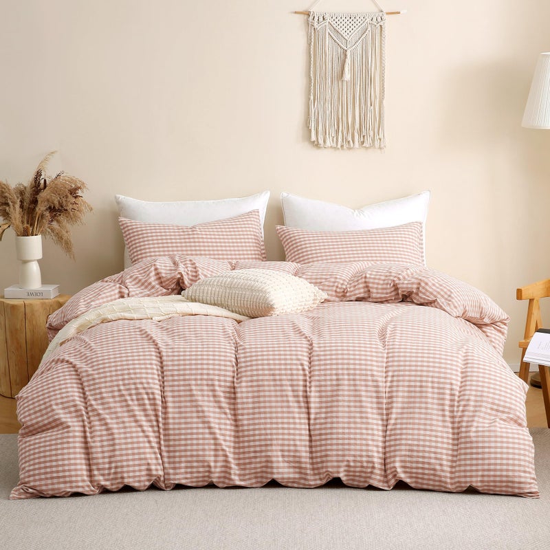 TOCOMOA Pink Tan Gingham Duvet Cover Bedding Set 100% Washed Cotton Like Linen Feel Super Soft Comfy 3 Piece Vintage Plaid Checkered Fall Comforter Cover Set (Queen 90"x90", Comforter Not Included) - Image 3