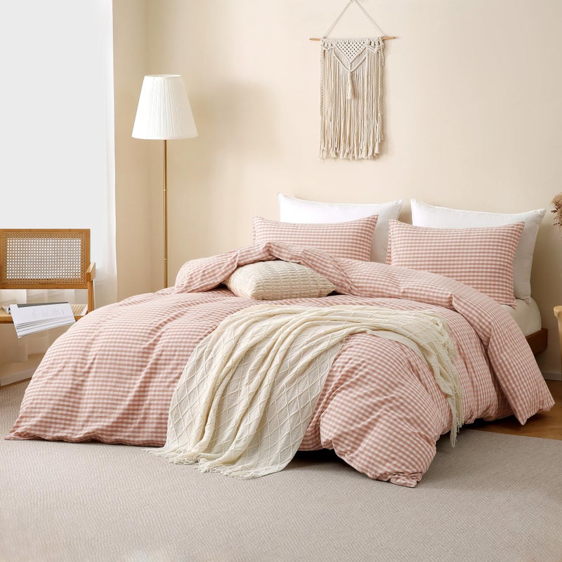 TOCOMOA Pink Tan Gingham Duvet Cover Bedding Set 100% Washed Cotton Like Linen Feel Super Soft Comfy 3 Piece Vintage Plaid Checkered Fall Comforter Cover Set (Queen 90"x90", Comforter Not Included) - Image 2