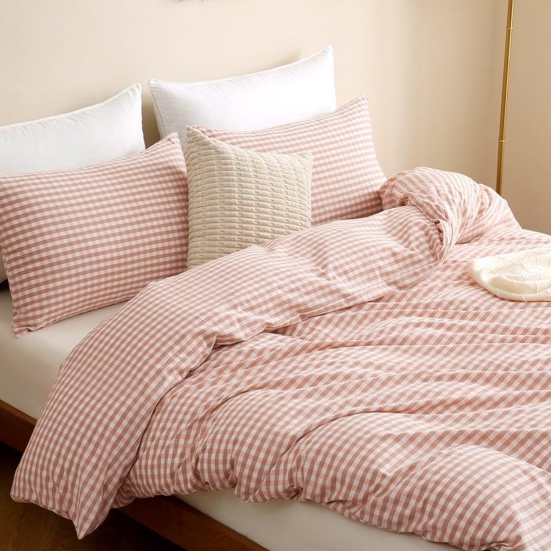 TOCOMOA Pink Tan Gingham Duvet Cover Bedding Set 100% Washed Cotton Like Linen Feel Super Soft Comfy 3 Piece Vintage Plaid Checkered Fall Comforter Cover Set (Queen 90"x90", Comforter Not Included) - Image 4