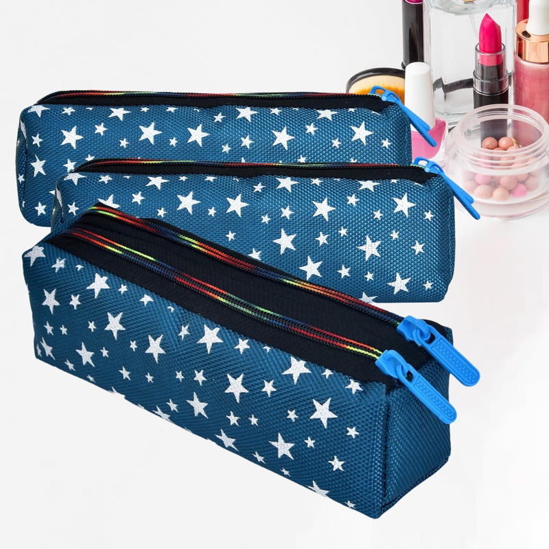 Kuber Industries Makeup Pouch | Rexine Cosmetic Pouch | Jewellery Utility Pouch | Toiletry Pouch for Girls | Travel Makeup Pouch for Girls | Storage Makeup Bag | Star Makeup Pouch | Pack of 3 | Blue - Image 1