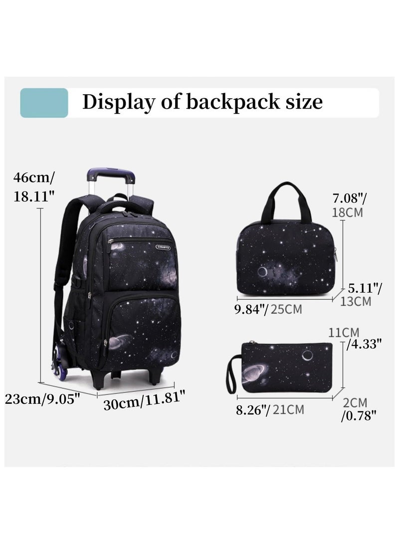 ZIRANU Kids Rolling Backpack with Detachable Trolley, 3Pcs School Bag Set with Insulated Lunch Bag and Pencil Case,6-Wheel Durable Bookbag for School & Travel(Black Galaxy) - Image 2