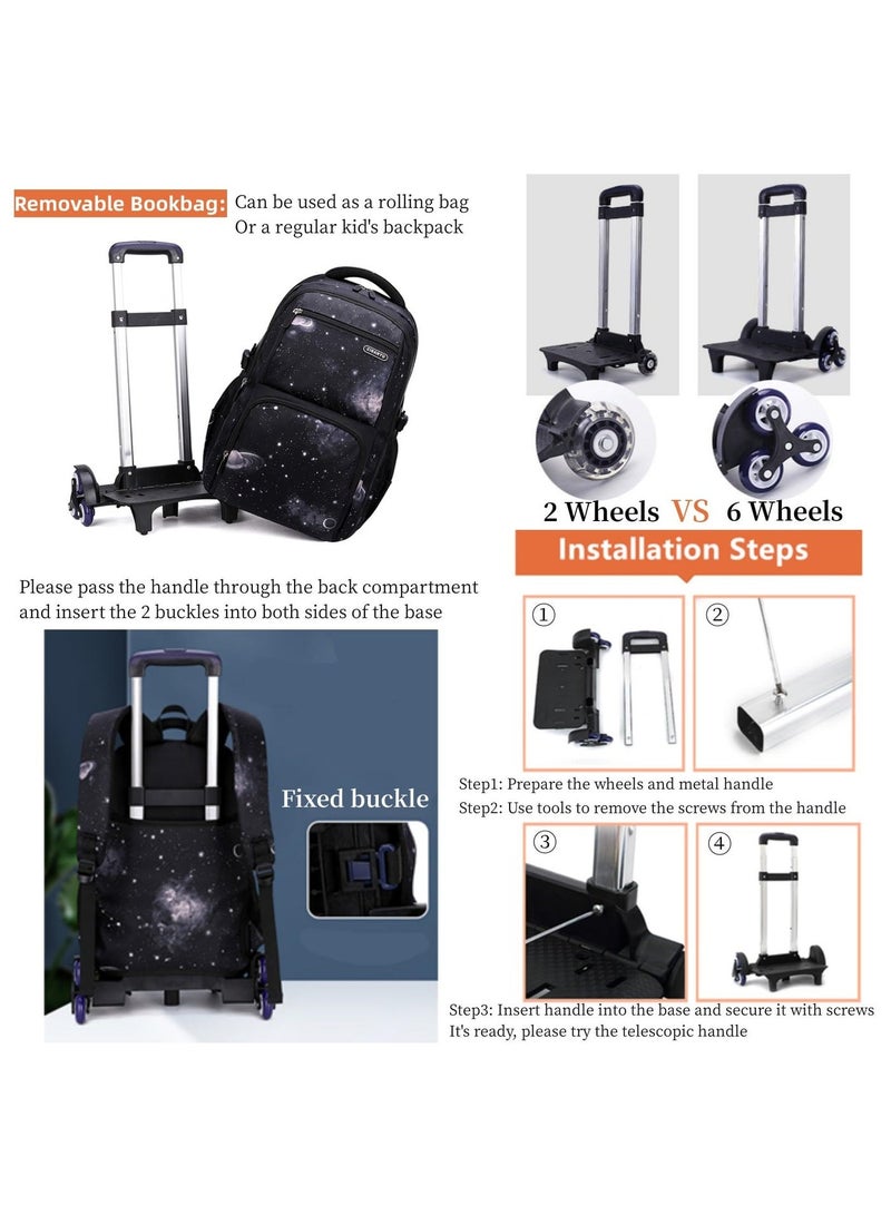 ZIRANU Kids Rolling Backpack with Detachable Trolley, 3Pcs School Bag Set with Insulated Lunch Bag and Pencil Case,6-Wheel Durable Bookbag for School & Travel(Black Galaxy) - Image 4