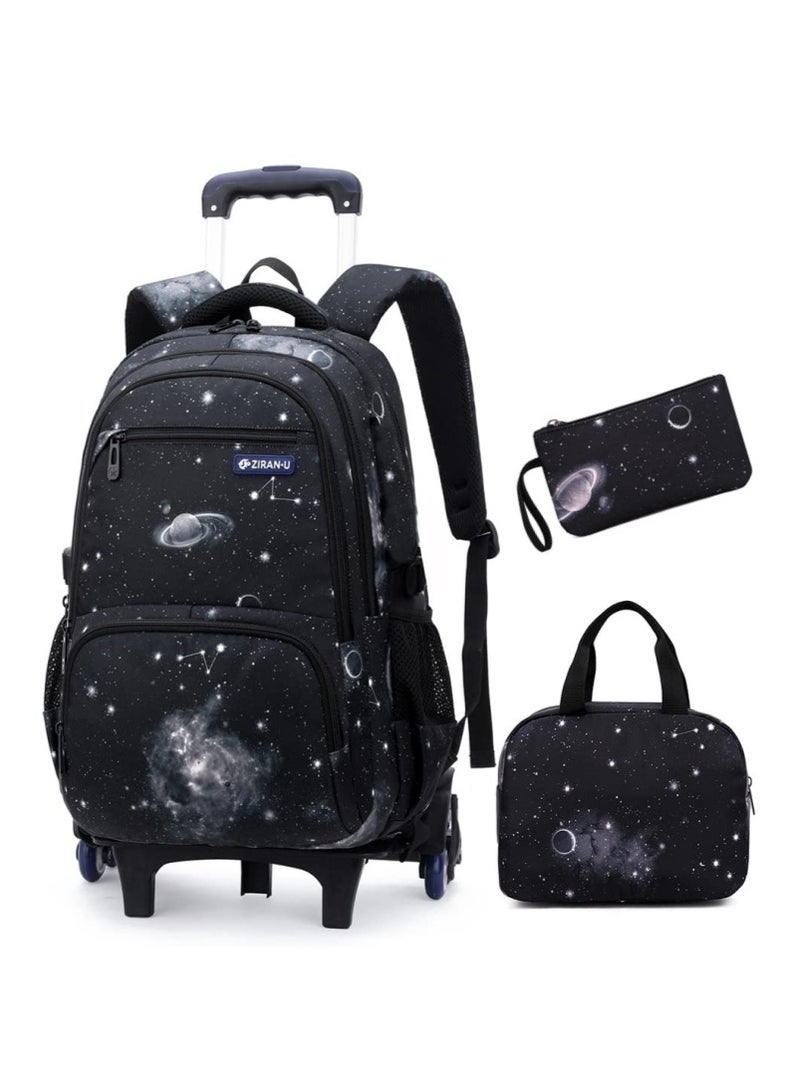 ZIRANU Kids Rolling Backpack with Detachable Trolley, 3Pcs School Bag Set with Insulated Lunch Bag and Pencil Case,6-Wheel Durable Bookbag for School & Travel(Black Galaxy) - Image 1