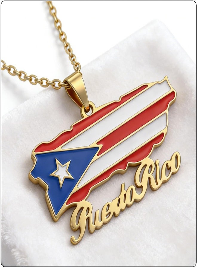 Fusamk Fashion Stainless Steel Puerto Rico Map Pendant Country Flag Pattern Necklace(White) - Image 3