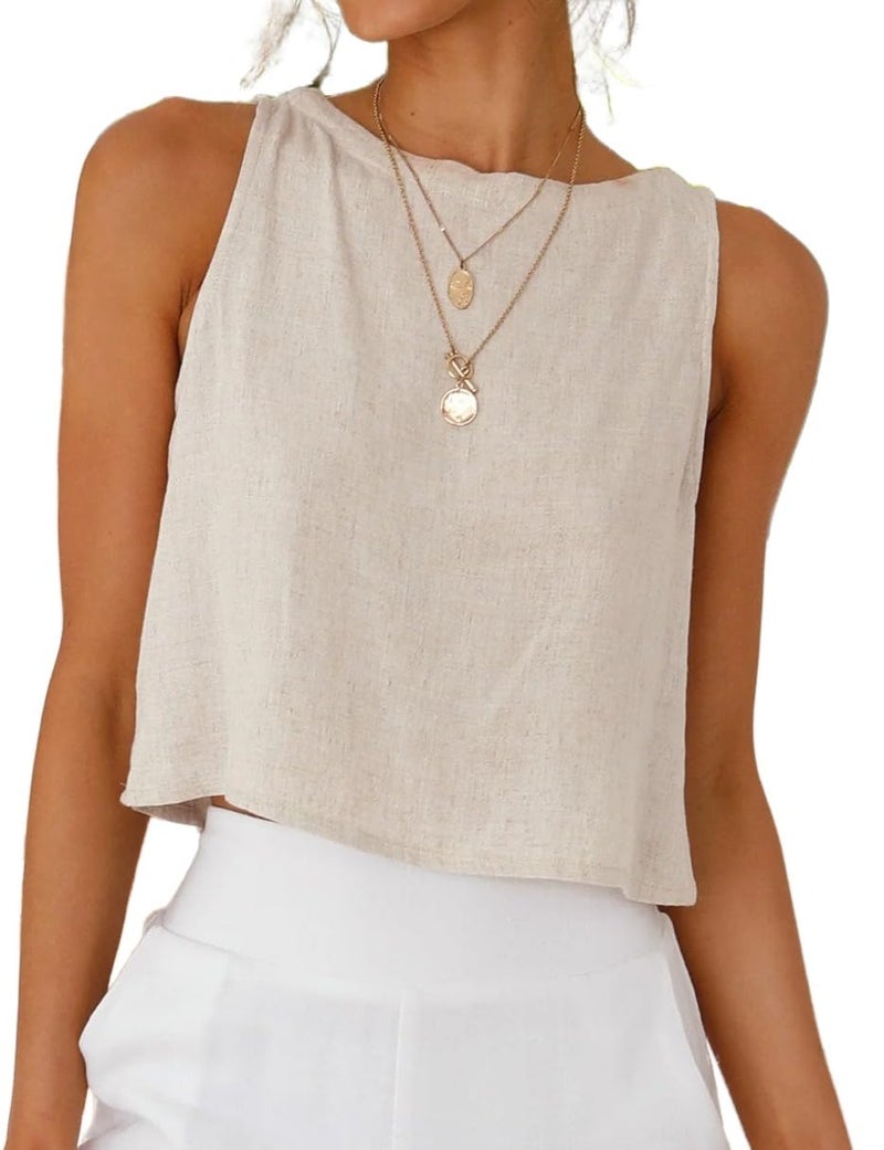 IDEALSANXUN Vacation Outfits for Women Spring Tops Beach Summer Clothes 2026 Cute Crop Linen Tank Tops, Beige, M - Image 1