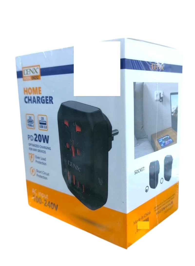 Denx 20W Wall Plug with 2-Port USB Ports and 2 PD Ports with Fast Charging/DX232 - Image 2