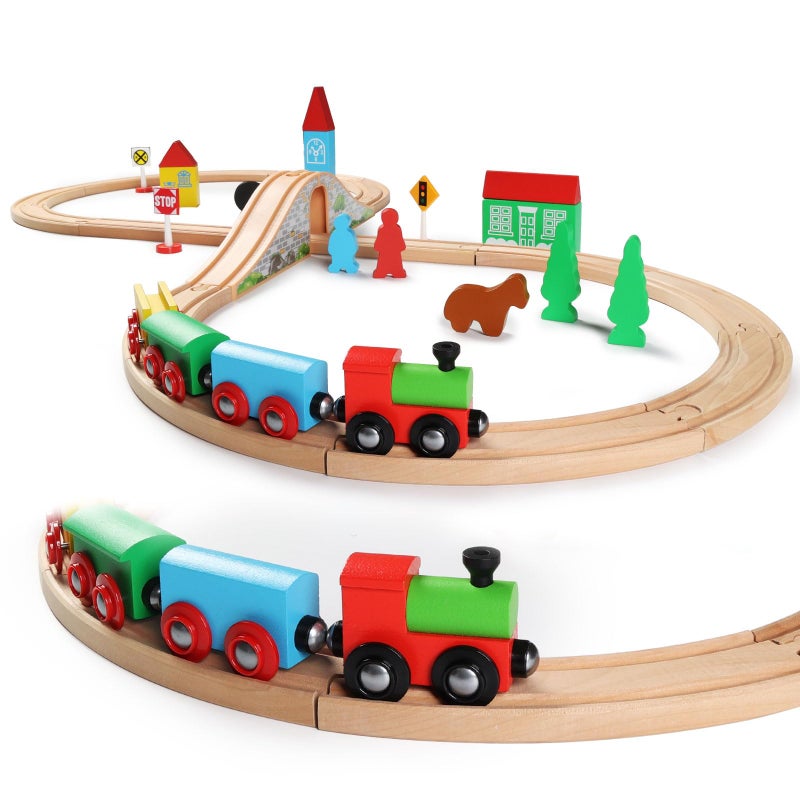 SainSmart Jr. SainSmart Jr Wooden Train Set for Toddler with DoubleSide Train Tracks Fits Brio Thomas Melissa and Doug Kids Wood Toy Train for 345 Year old Boys and Girls 