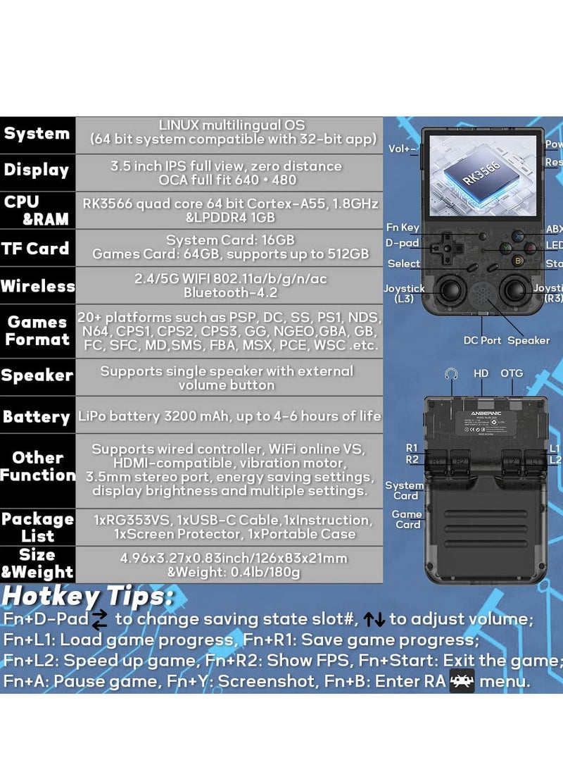 ANBERNIC  - RG353VS Retro Handheld Game Console, Linux System RG3566 3.5-inch IPS Screen, with 64G TF Card Pre-Installed 4452 Games, Supports 5G WiFi 4.2 Bluetooth Online Fighting, Streaming and HDMI (Black) - Image 1