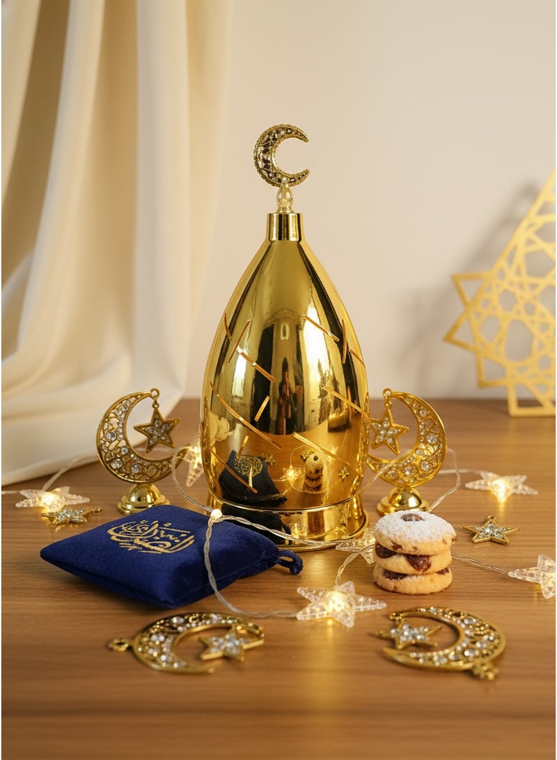Living Distinctive hollowed out golden Ramadan lantern, decorated with an Islamic crescent moon - Image 1