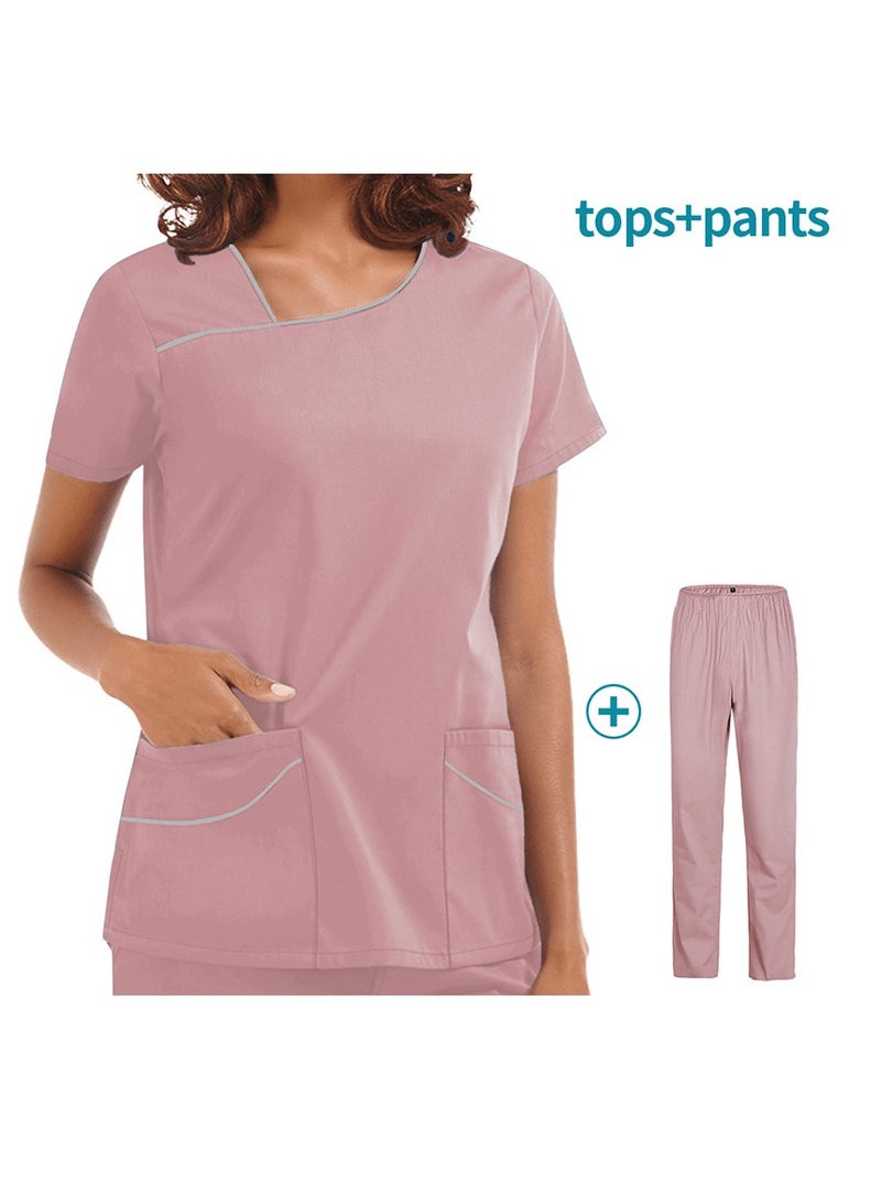 Loquat Womens Medical Uniform Scrubs 2 Piece Set Top and Elastic Waist Pants Suit Pink - Image 1