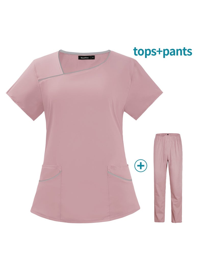 Loquat Womens Medical Uniform Scrubs 2 Piece Set Top and Elastic Waist Pants Suit Pink - Image 2