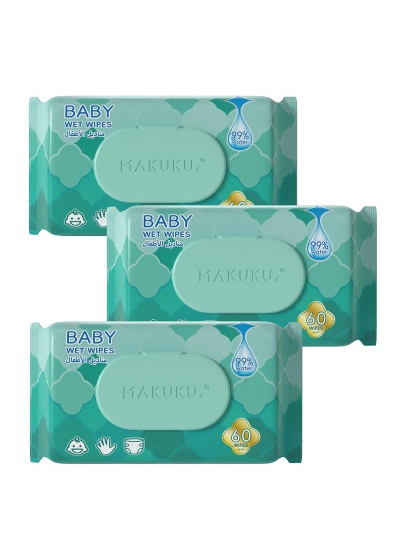 Makuku مناديل مبللة للأطفال من ماكوكو - عبوة من 3 (60 منديل لكل منها) - Image 1