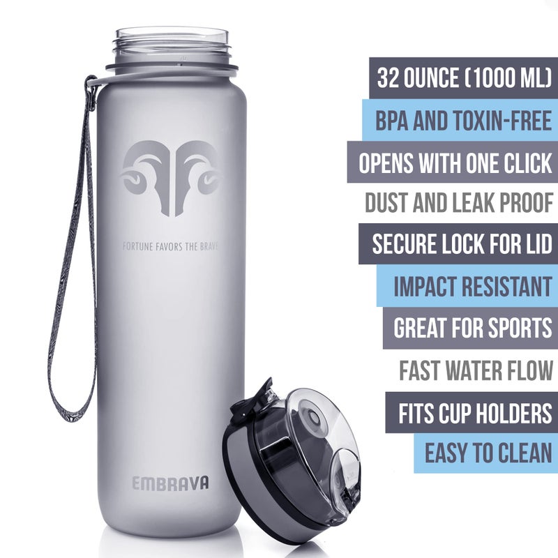 Embrava Sports Water Bottle 32oz - Fast Flow Flip Top Lid - BPA & BPS Free Leakproof Reusable - Lightweight Non-Toxic Tritan Plastic 1 Liter - Gym Hiking Office School Travel - Image 4