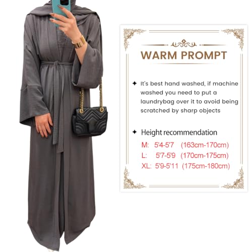 khalat 2PCS Women's Muslim Dresses Abaya Islamic Dubai Prayer Dress Robe Long Cardigan Maxi Dress Grey - Image 3