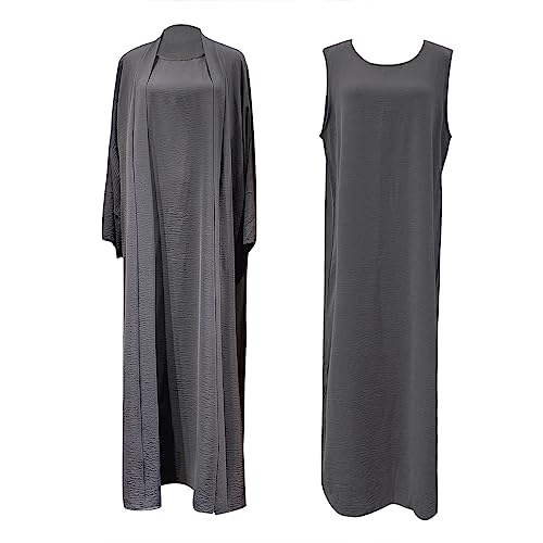 khalat 2PCS Women's Muslim Dresses Abaya Islamic Dubai Prayer Dress Robe Long Cardigan Maxi Dress Grey - Image 5