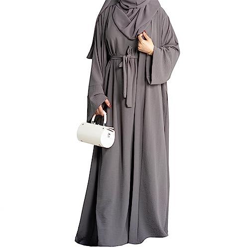 khalat 2PCS Women's Muslim Dresses Abaya Islamic Dubai Prayer Dress Robe Long Cardigan Maxi Dress Grey - Image 2
