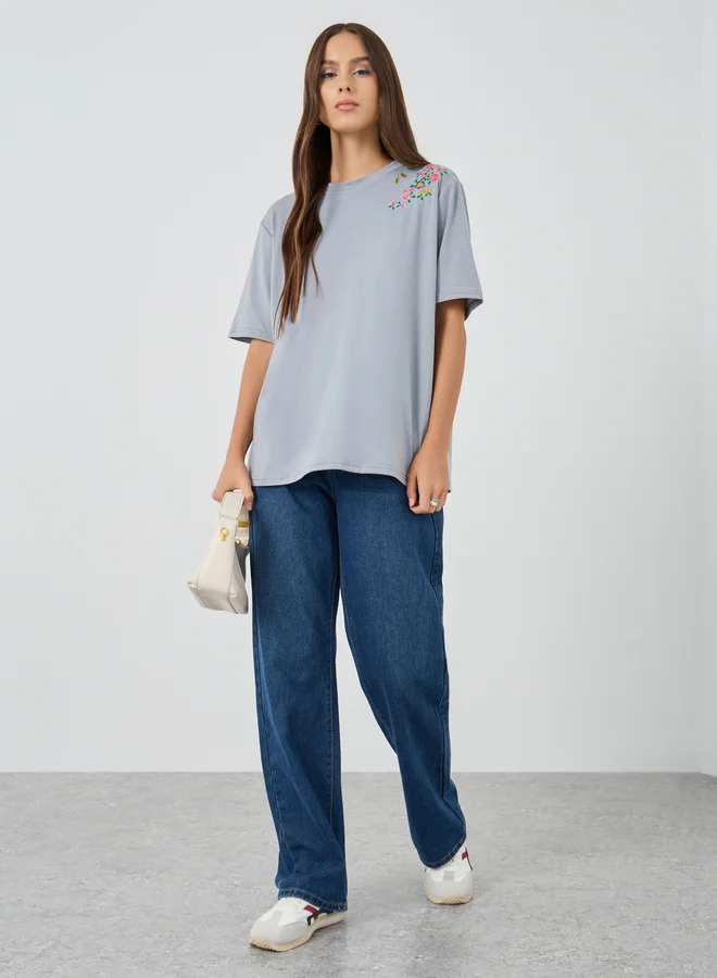 تايك تو Take Two Embroidered Detail Oversized T-Shirt