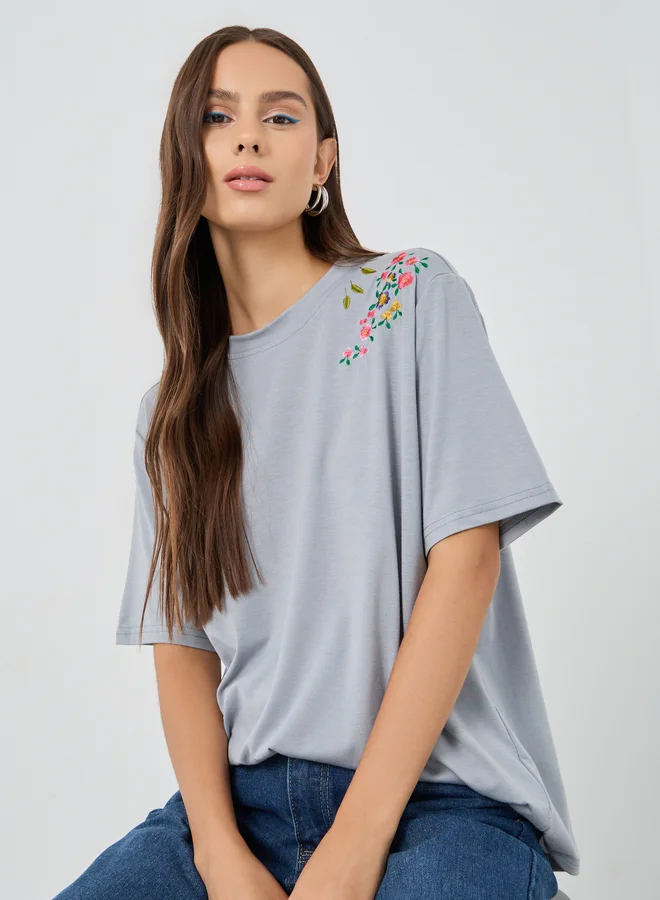 تايك تو Take Two Embroidered Detail Oversized T-Shirt