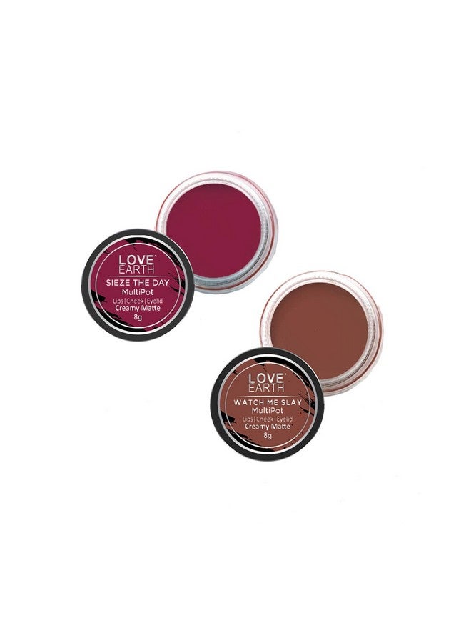 Love Earth Lip Tint & Cheek Tint Multipot Combo (Raspberry Pink & Caramel Brown) with Richness of Jojoba Oil and Vitamin E for Lips, Eyelids and Cheeks - Image 1