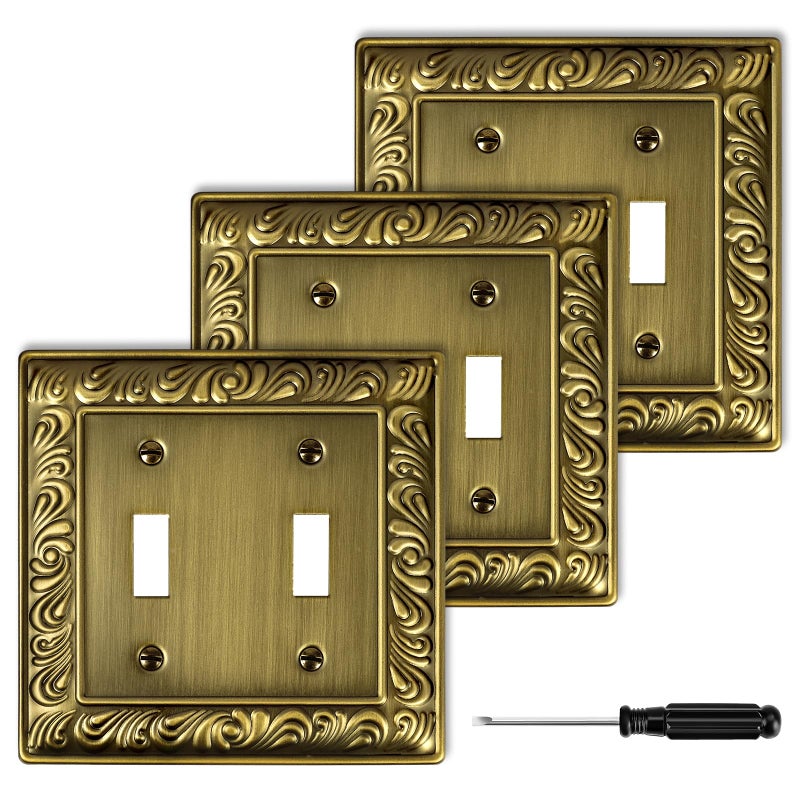 Ranweydi Antique Brass Decorative Wall Plate Light Switch Cover Decorator Outlet Covers Rocker Switch Plates Metal Material Wall Plates for Kitchen Bathroom (2 Gang Double Toggle-3 Pack) - Image 1