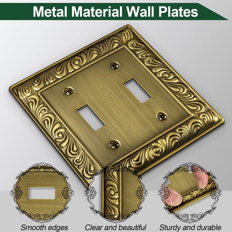 Ranweydi Antique Brass Decorative Wall Plate Light Switch Cover Decorator Outlet Covers Rocker Switch Plates Metal Material Wall Plates for Kitchen Bathroom (2 Gang Double Toggle-3 Pack) - Image 2