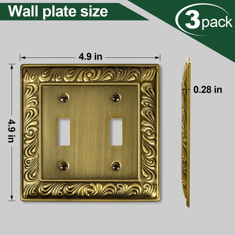 Ranweydi Antique Brass Decorative Wall Plate Light Switch Cover Decorator Outlet Covers Rocker Switch Plates Metal Material Wall Plates for Kitchen Bathroom (2 Gang Double Toggle-3 Pack) - Image 3